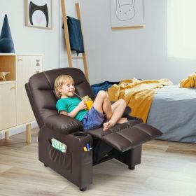 Leather Kids Recliner Chair with Cup Holders and Side Pockets (Color: Brown)