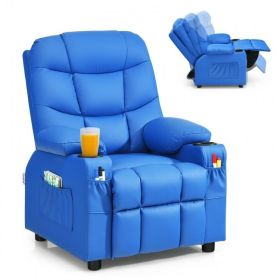 Leather Kids Recliner Chair with Cup Holders and Side Pockets (Color: Blue)