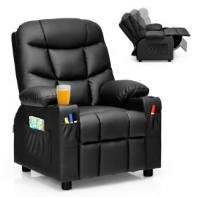 Leather Kids Recliner Chair with Cup Holders and Side Pockets (Color: Black)