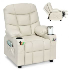 Leather Kids Recliner Chair with Cup Holders and Side Pockets (Color: Beige)