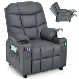 Leather Kids Recliner Chair with Cup Holders and Side Pockets (Color: Gray)